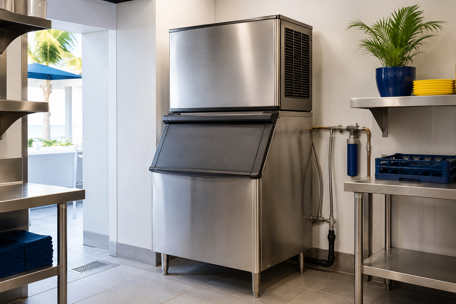Stainless-steel commercial ice maker with storage bin in a clean restaurant service area