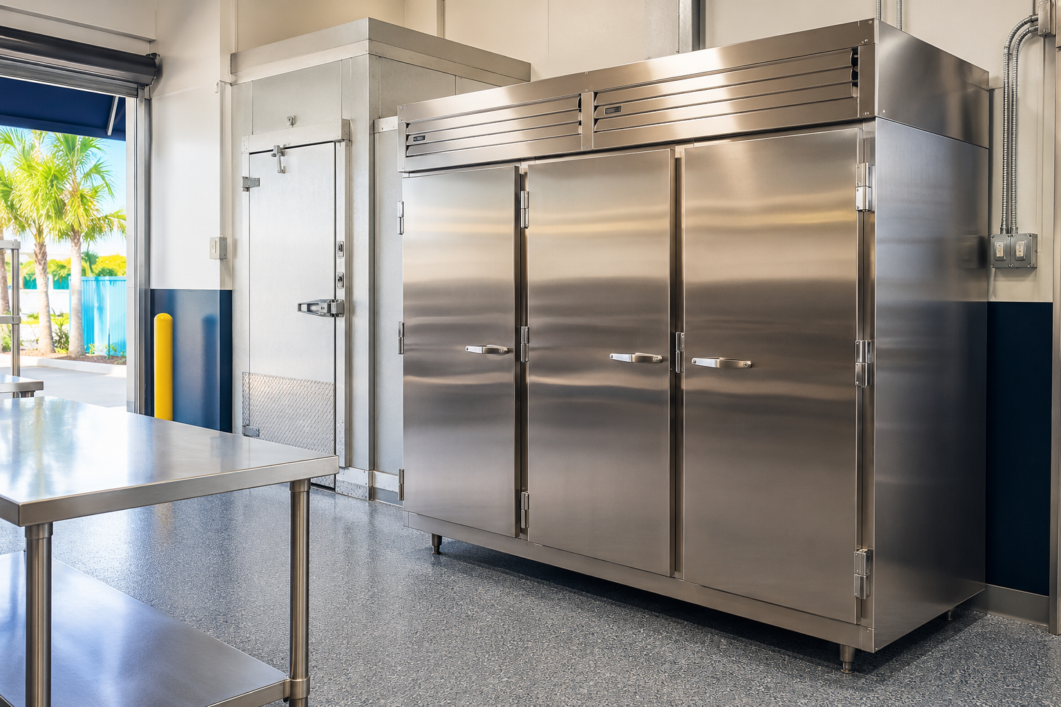 Stainless-steel reach-in refrigerators, walk-in cooler door and refrigerated prep table in a commercial restaurant kitchen