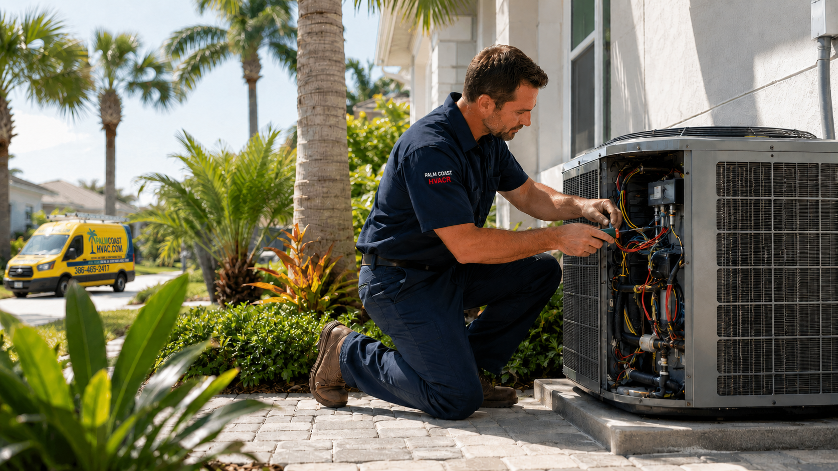Palm Coast HVAC R LLC technician servicing an outdoor commercial air-conditioning unit beside a branded yellow service truck