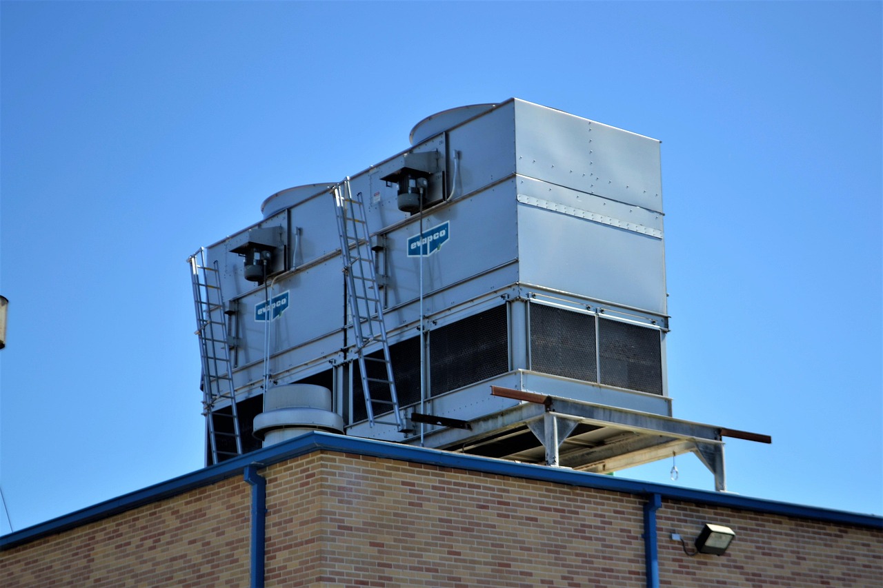Cooling towers on a building rooftop.